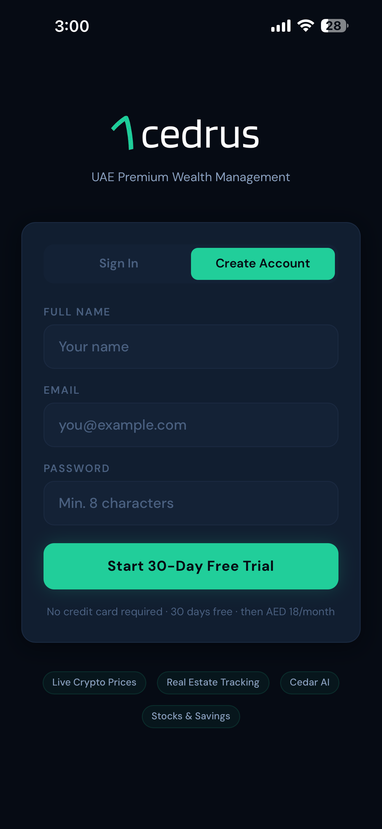 Sign up screen
